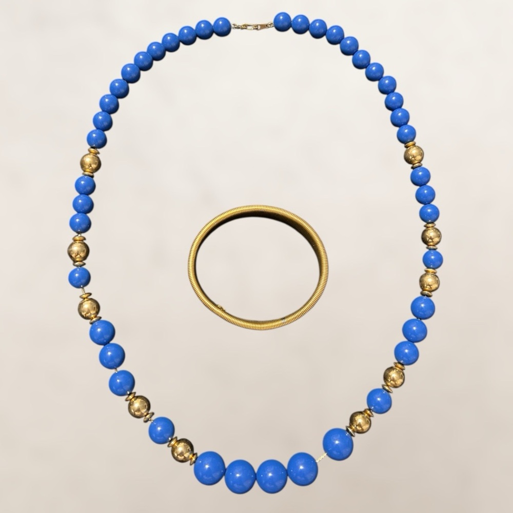 Vibrant Blue Necklace and Gold Bracelet Set